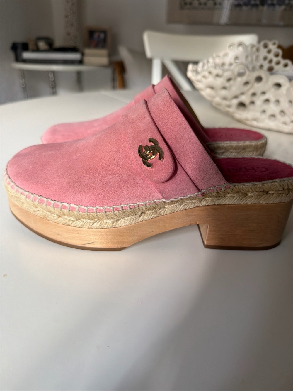 CHANEL Pink Suede Espadrille Clog Mules with Gold CC